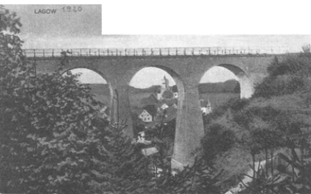 Das zweite Wahrzeichen Lagows: der Große Viadukt, an der Selchower Straße für die Eisenbahnlinie Topper - Meseritz, errichtet 1909. Postkarte von 1920 Das zweite